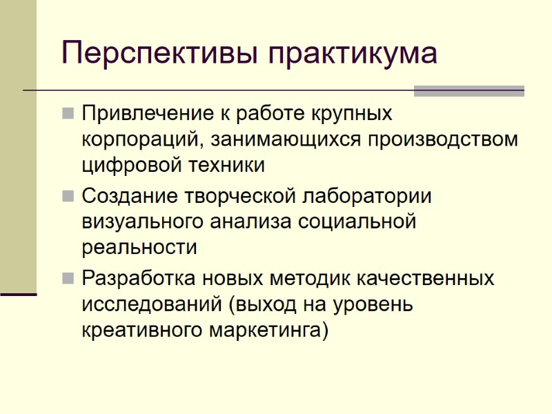 Перспективы практикума Привлечение к работе крупных корпораций, занимающихся производством цифровой техники Создание творческой лаборатории